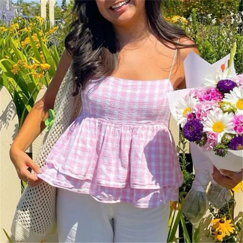 Y2K Coquette Aesthetic Pink Gingham Babydoll Top Spaghetti Strap Square Neck Double Layer Ruffle Hem Peplum Cami Blouse