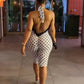 Mesh Patchwork Rompers Woman Polka Dot Print Halter Backless Sleeveless Skinny Peach Hip Midnight Club Party Playsuit