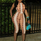 Serpentine Print Jumpsuits Women Bandage Halter Backless Sleeveless Skinny Peach Hip Midnight Club Party Overalls