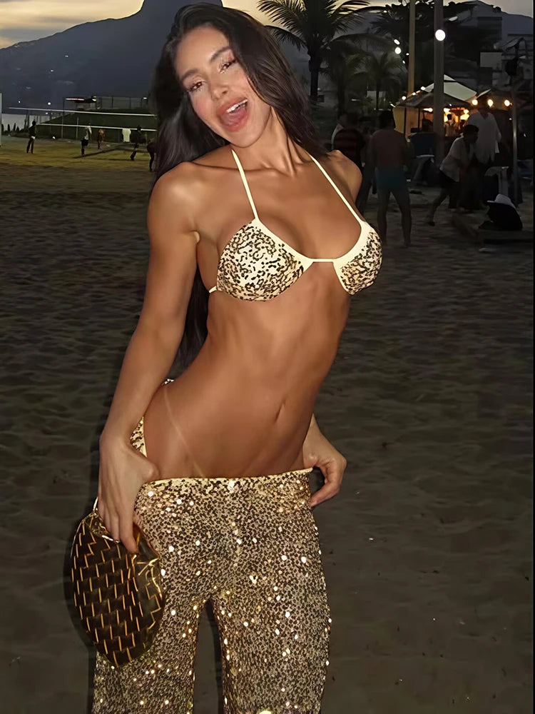 Glitter Sequin Pants Set Women Summer Fashion Bikini Tops And Trouser Matching Sets Female Beach Club Party Pants Set