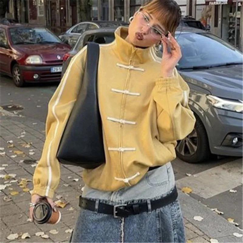 Ladies Stand Collar Zip Up Outerwear Chinese Frog Buttons Side Striped Oversized Loose Suede Jacket Vintage Streetwear