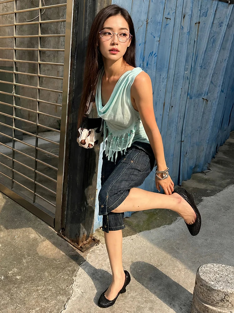 Folds Swing Collar Vest Women Tassel Solid Summer Fashion Music Festival High Street Hip-Hop Style Chic Leisure Clubwear