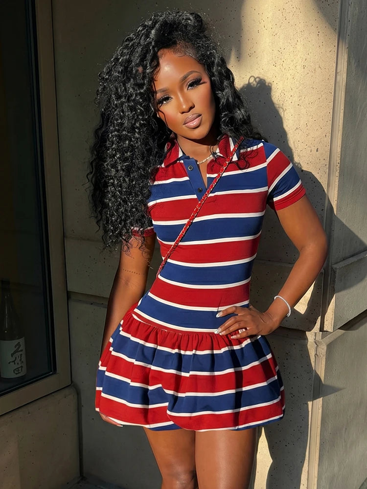 Stripe Print Mini Dress Woman Summer Trend Button Lapel Shots Sleeve Shape Waist Daily Casual Sporty Style Bodycon