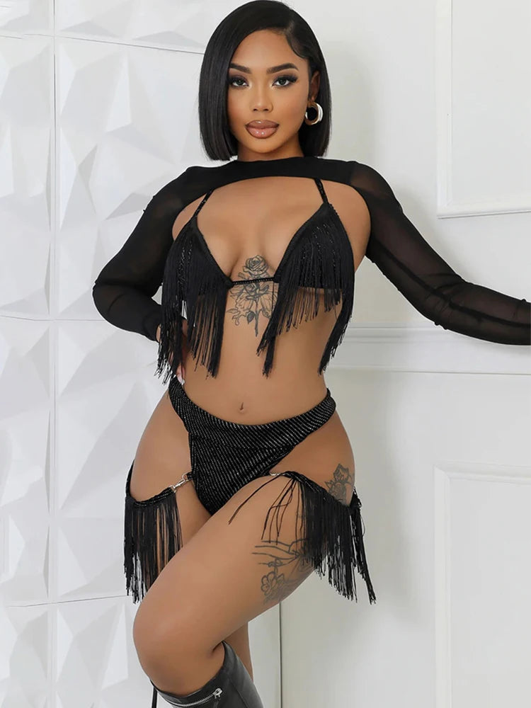Sexy Coquette 3Piece Set Women Glitter Tassel Beach Vacation Long Sleeve Shawl+Bra Tops+Briefs Clubwear Midnight Suit