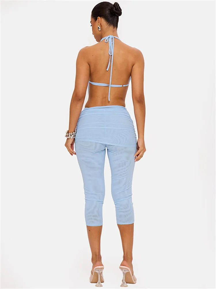 Mesh Patchwork 2 Piece Ste Woman Halter Swing Collar Backless Tank Tops+Metal Trim Elastic Waist Shorts Sexy Fashion Suits