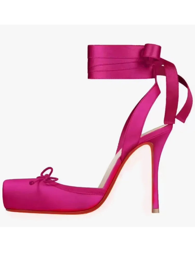 2026 Women's New Summer Square Satin High Heel Sandals with Ankle Strap, Fashionable Party and Banquet Ballet High Heels