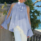 Minimalist Solid Cold Shoulder Chiffon Blouse Mock Neck Back Tie Split Flare Sleeve Loose Irregular Hem Daily Shirt