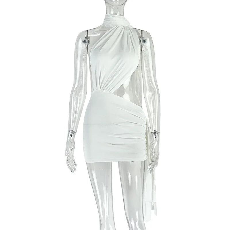 Sexy Women Asymmetrical Halter Neck Dress Ruched Backless Mini Bodycon Dress for Party Beach Club Summer Streetwear
