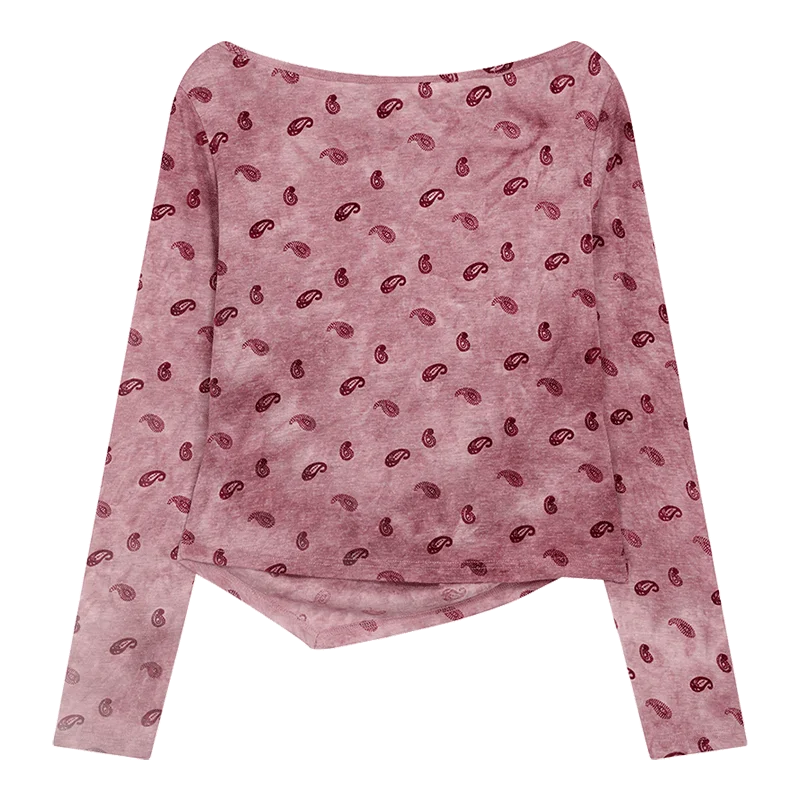 Women's Vintage Long Sleeve Top with Paisley Print, Asymmetrical Casual Tee for Everyday, Chic Cozy Pullover Top