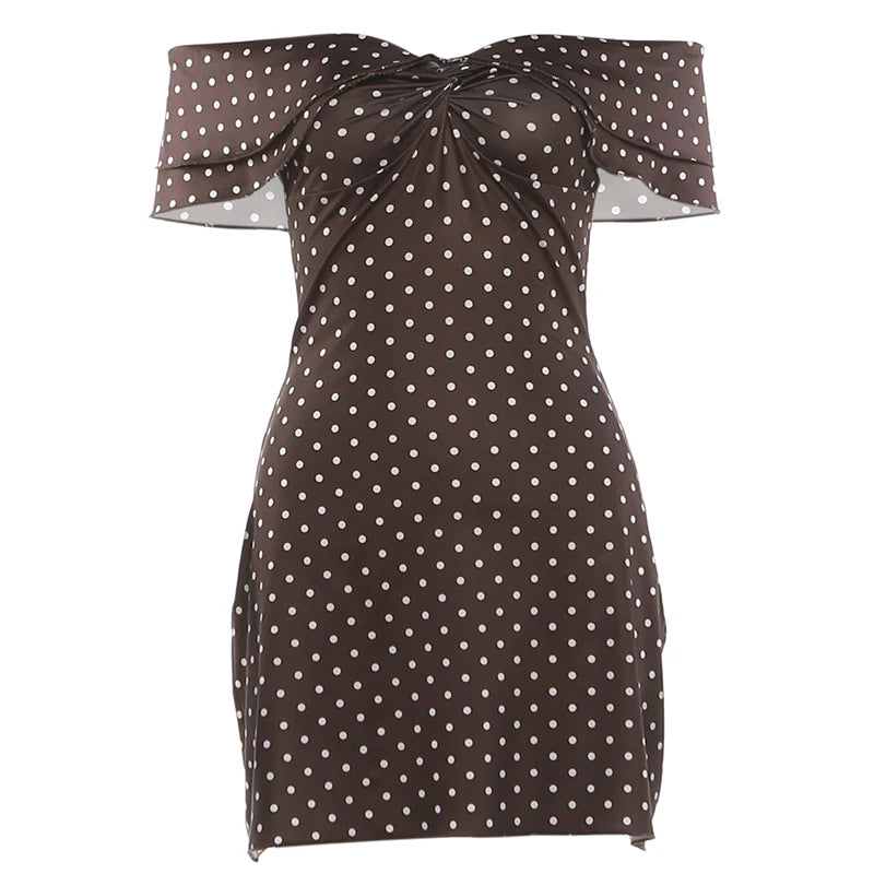 Sexy  Fashion Polka Dot Print Dress Women Slash Neck Ruched Patchwork Sleeveless Summer Street Party Chic Mini Bodycon