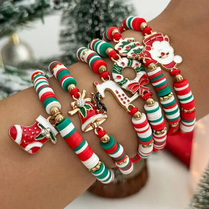 6Pcs/Set Christmas Bracelet for Women Santa Claus Elk Christmas Tree Socks Pendant Bracelet Adjustable Rope Chain Bangle