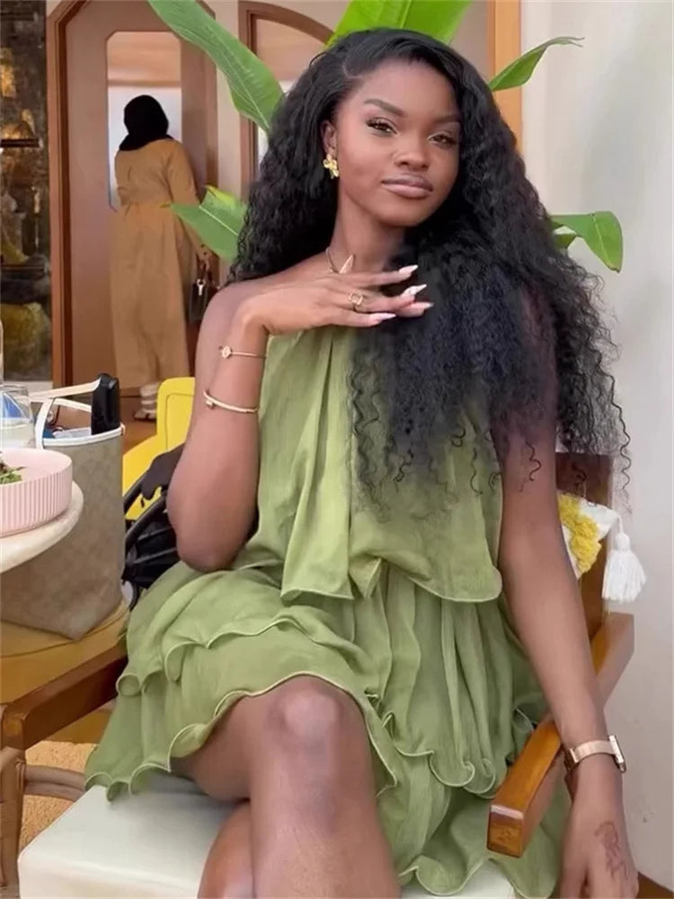 Ruched Tierred Mini Dress Women Summer New Trend Halter Off Shoulder Hot Girl Street Fashion Elegant Skinny Outfits