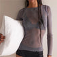 Women Rhinestone Mesh Sheer Tops Slim Fit Bling See Through Long Sleeve Lettuce Trim Shirts Spring Summer Party Cover Up
