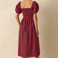 Xmas Vintage Red Navy Plaid Dress Ladies Bubble Short Sleeve Back Shirred Flared Midi Dress Winter Holiday Party Dress