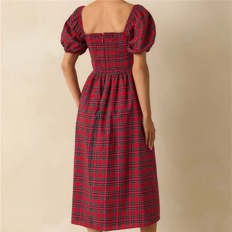 Xmas Vintage Red Navy Plaid Dress Ladies Bubble Short Sleeve Back Shirred Flared Midi Dress Winter Holiday Party Dress