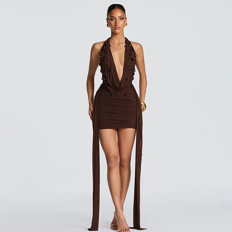 Embellished Cowl Neck Ruched Bodycon Mini Dress for Birthday Party Sexy Evening Dresses Woman 2026