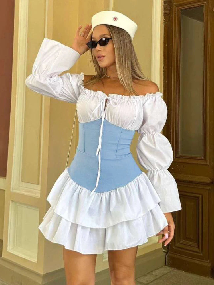 Sweet Patchwork Dress Women Lace Up Slash Neck Long Puff Sleeve Skinny Low Rise Tierred Strecth Elegant Mini Bodycon