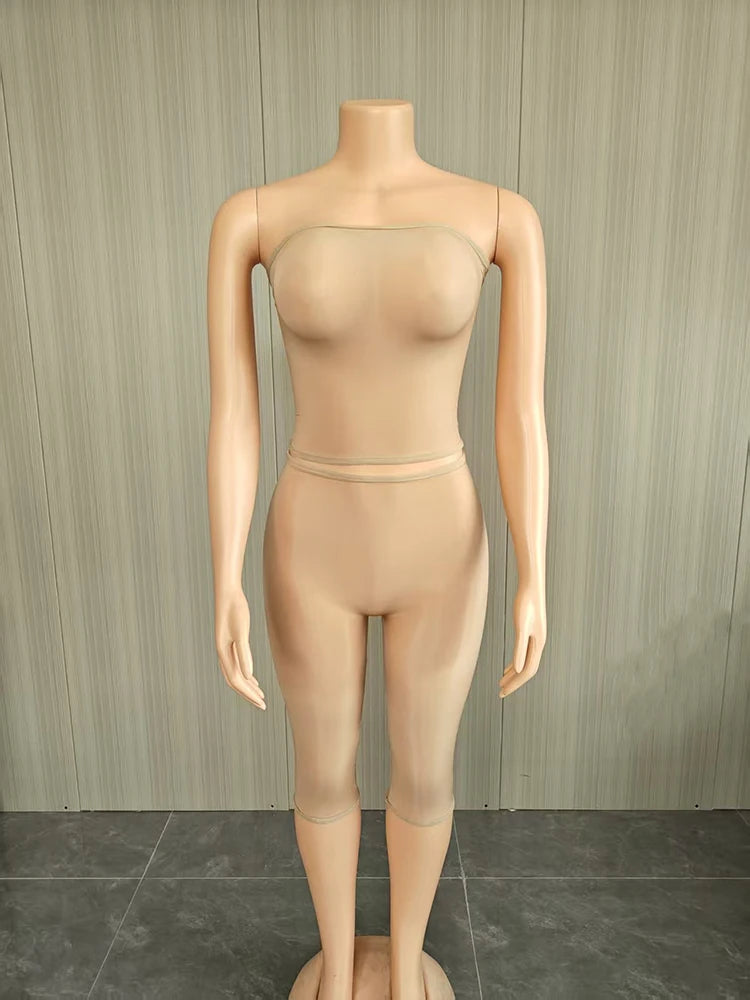Sexy Fashion 2 Piece Set Woman Mesh See Through Wrap Chest Backless Tank Tops+Skinny Peach Hip Crop Pants Clubwear