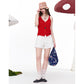 Women's Red Heart Cutout Knit Cami Top, Crochet Flower Buttons with Distressed Hem, Boho Casual Summer Tank Top