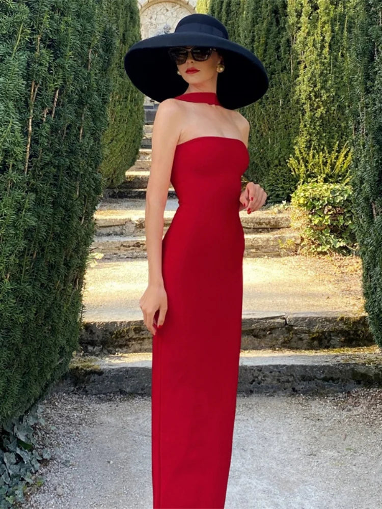 Halter Backless Split Long Dresses French Style Elegant Beautiful Ladies Dress White Black Red