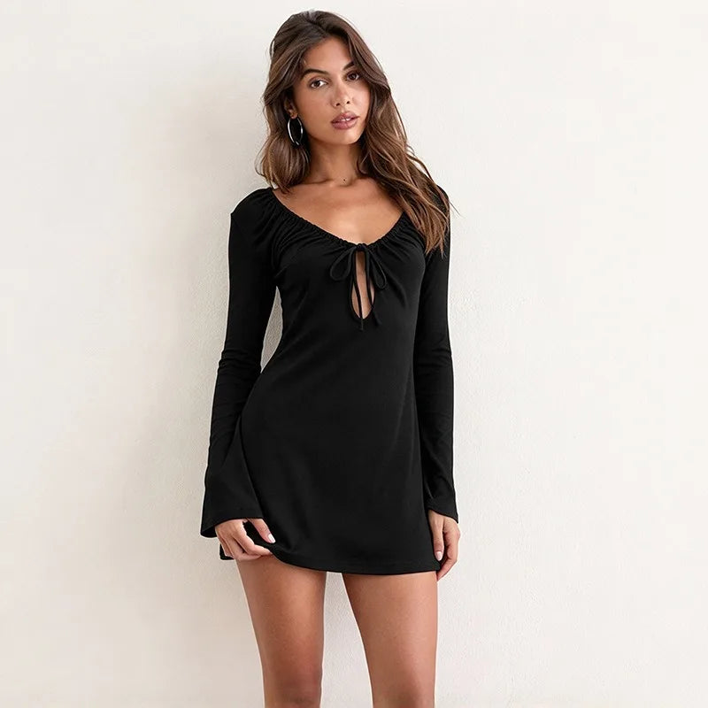 Flared Long Sleeve Mini Dresses Deep V Neck Front Tie Cutout Black Fitted Dress for Woman Clothing Fall 2026