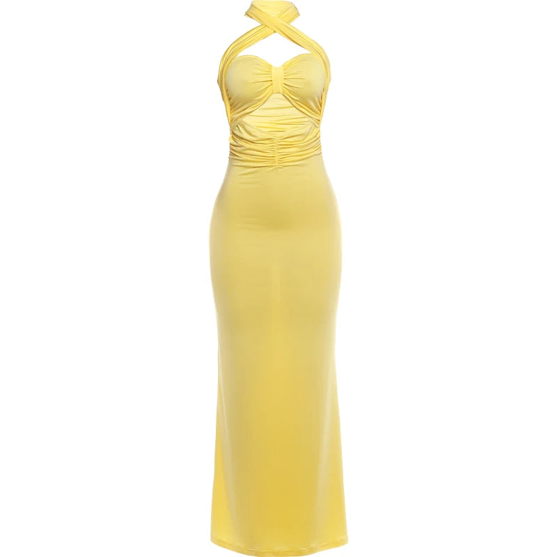 Evening Party Dress Women Elegant Hollow Backless Fashion Classic Halter Ruched Patchwork Sexy Vacation Chic Maxi Bodycon