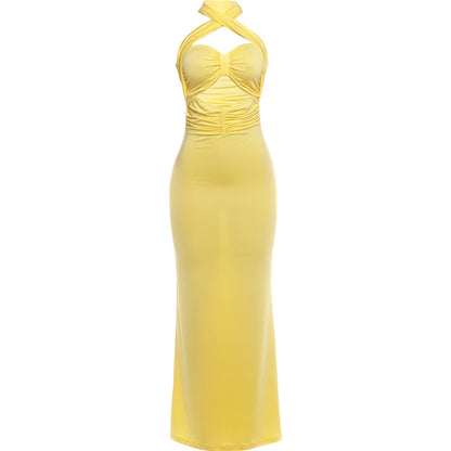 Evening Party Dress Women Elegant Hollow Backless Fashion Classic Halter Ruched Patchwork Sexy Vacation Chic Maxi Bodycon