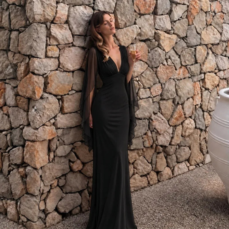 V-neck Floor-length Evening Gown with Mesh Flowing Cape Sleeves White Black Elegant Maxi Dresses Wedding