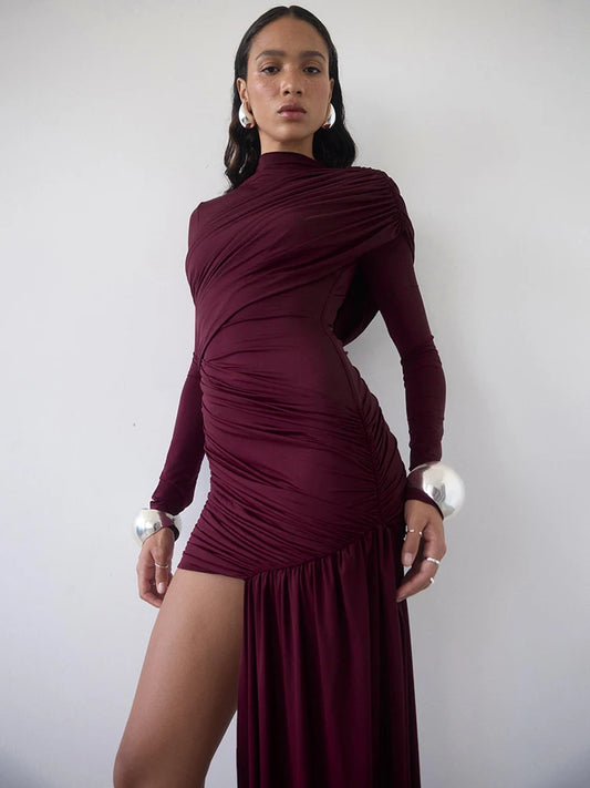Irregular Draped Ruched Sexy Mini Dress Women Gown Elegant Turtleneck Long Sleeve High Waist Pleated Club Party Dress
