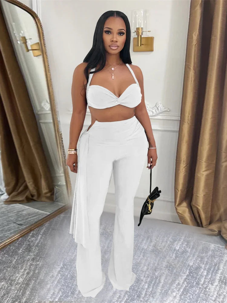 Sexy Chic 2 Piece Set Women Summer Halter Backless Knot Camisole+Metal Ruched Ribbon Flare Pants Matching Outfits