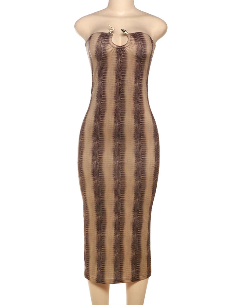 Gradient Strapless Dress Women Metal Rings Low-Neck Backless Skinny Peach Hip Midnight Club Party Trend Long Bodycon