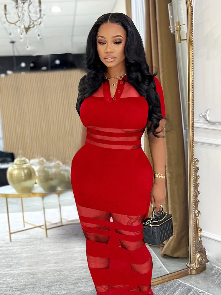Mesh Patchwork Dress Women Polo-Neck Short Sleeve Skinny Peach Hip Midnight Club Party Sexy Coquette Long Bodycon