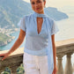 Y2K Women Mesh Sheer Blouse Short Flutter Sleeve Keyhole Neck Tie Scarf Collar Slim Fit Cropped Top Vintage Party Shirt