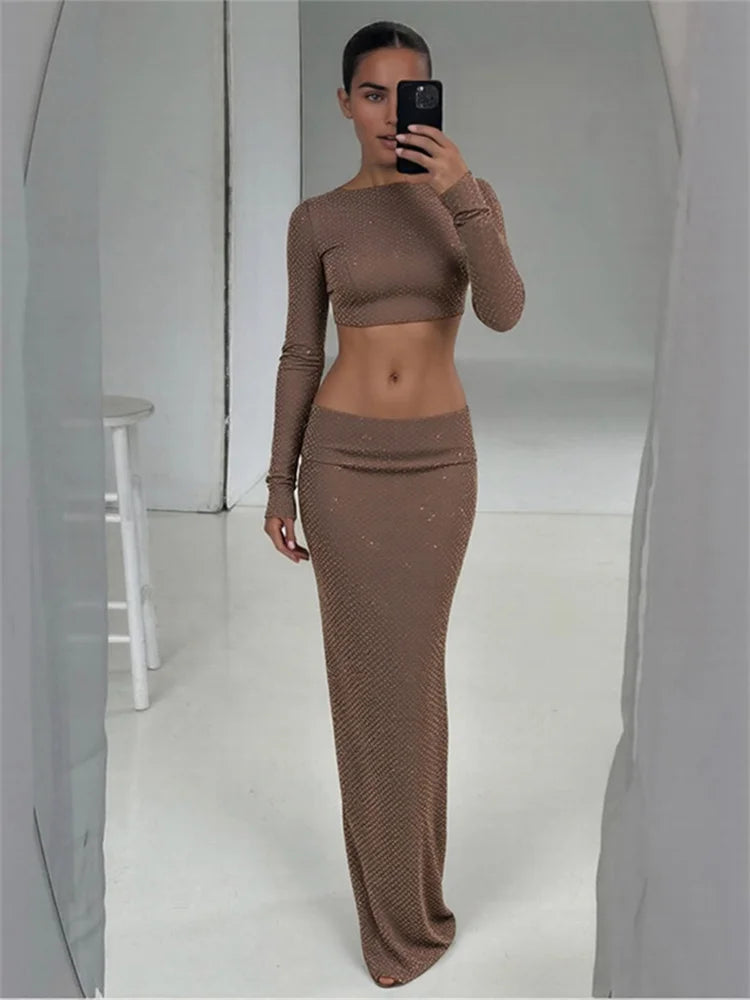 Waistless Long Dress Woman o-Neck Full Sleeve Rhinestone Decoration Backless Design Midnight Prom Party Elegant Vestidos