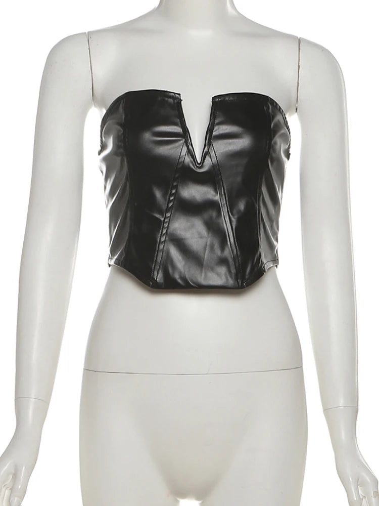 Sexy Punk Pu 2-Piece Set Women Irregular Corset Top+Skinny Zip Shorts Matching Simple Hottie High Street Hipster Clubwear