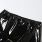 Two Piece Set Sheer Mesh Leather Patchwork Long Sleeve Bodysuit Top Slit Mini Skirt Sexy Black Club Outfit