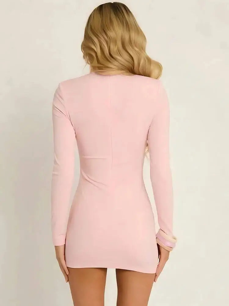 Women Polka Dot Sexy Mini Dress Lace Trim High Neck Cutout Long Sleeve Bodycon Short Dress Club Party Night Out Dresses