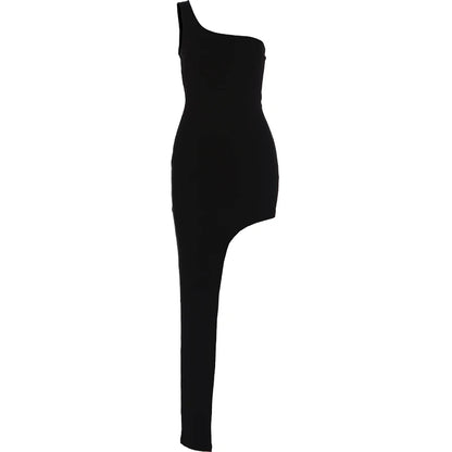 One-Shoulder Sleeveless Asymmetrical Hem Dress Women Solid Skinny Classic Sexy Midnight Hottie Summer Fashion Bodycon