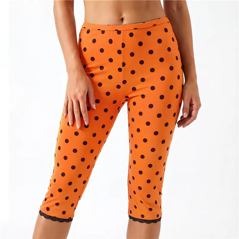 Vintage Polka Dot Cropped Leggings High Waist Lace Trim Hem Calf Pants Women Daily Loungewear Sleepwear Casual Bottoms