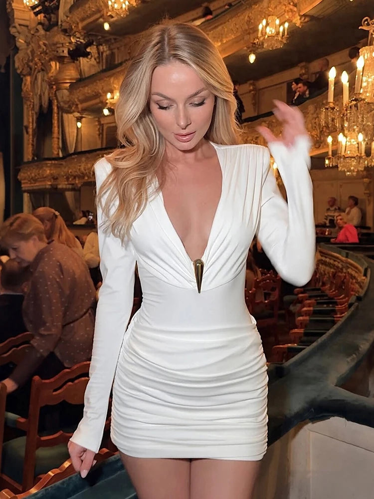 Metal Decoration Dress Women v-Neck Full Sleeve Folds Elasticity Skinny Autumn Fashion Party Classic Mini Bodycon