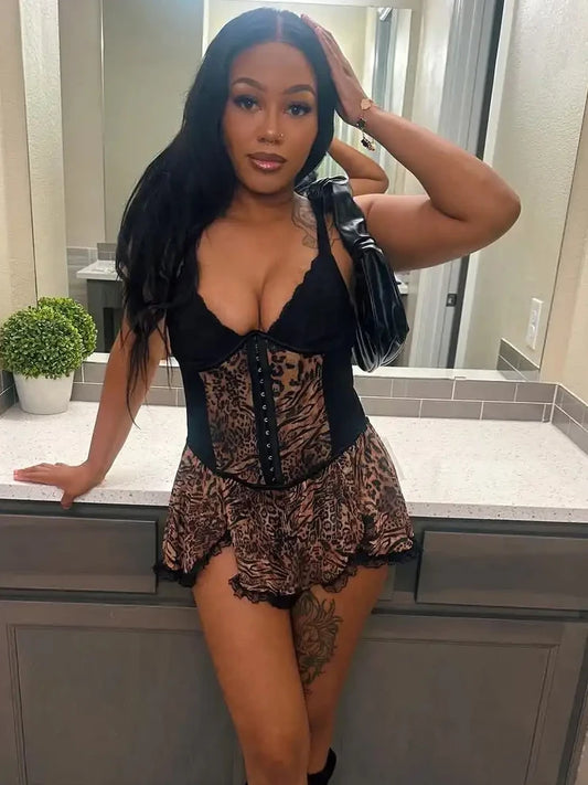 Patchwork Lace Hem Camis Dress Women Chic Y2K Sexy Leopard Print Backless Birthday Vacation Midnight Clubwear Bodycon