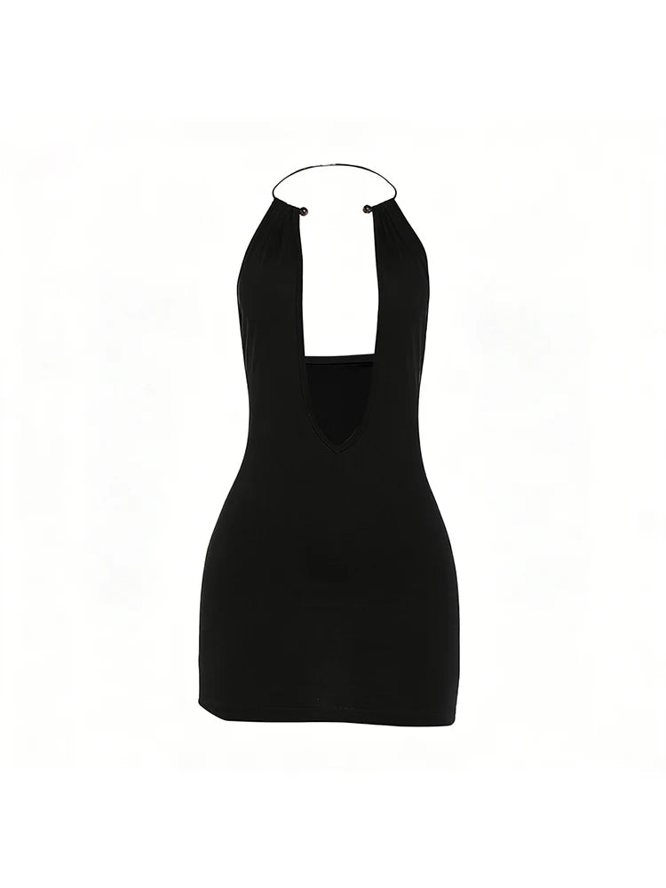Sexy Backless Dress Woman Summer Trend Metal Ring Halter Low-Neck Sleeveless Hottie Midnight Club Party Mini Bodycon
