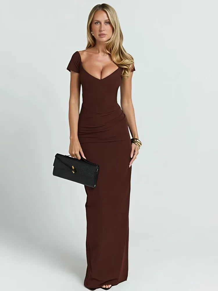 V Neck Short Sleeve Sexy Maxi Dress Women Elegant Off-shoulder Backless Back Split Bodycon Club Party Long Dress