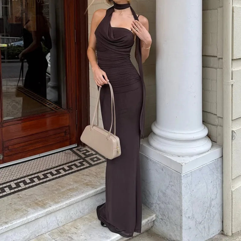 Halter Backless Long Maxi Dresses for Elegant Woman Brown Mesh Party Dress
