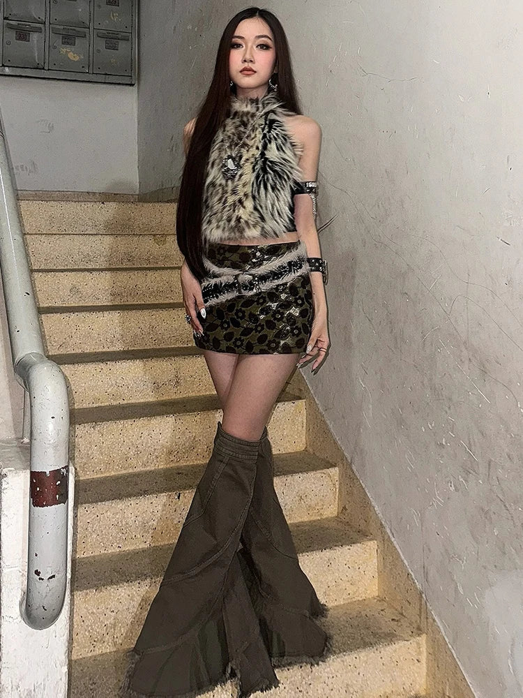 Hottie Leopard Tassel Tank Tops Women Sexy Furry Patchwork Halter Sleeveless Stretch Coquette Midnight Party Clubwear