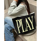 Off White Large Canvas Tote Bag with Bold Maroon "PLAY" Print for Women
