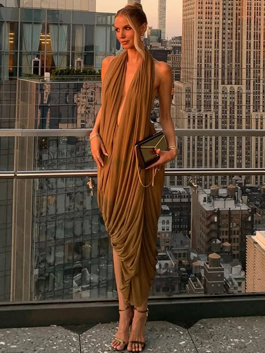 Coquette Ruched Halter Dress Women Deep v-Neck Backless Sleeveless Sexy Elegant Prom Cocktail Party Stretch Bodycon