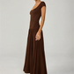 Women Square Cap Sleeve Midi Dress Elegant Brown U Neck Slim Waist Bodycon Club Party Pleated Long Dresses Fashion