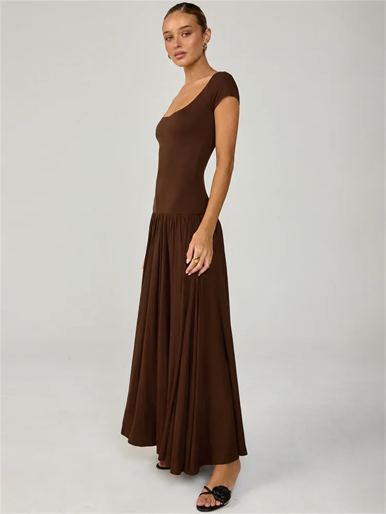 Women Square Cap Sleeve Midi Dress Elegant Brown U Neck Slim Waist Bodycon Club Party Pleated Long Dresses Fashion