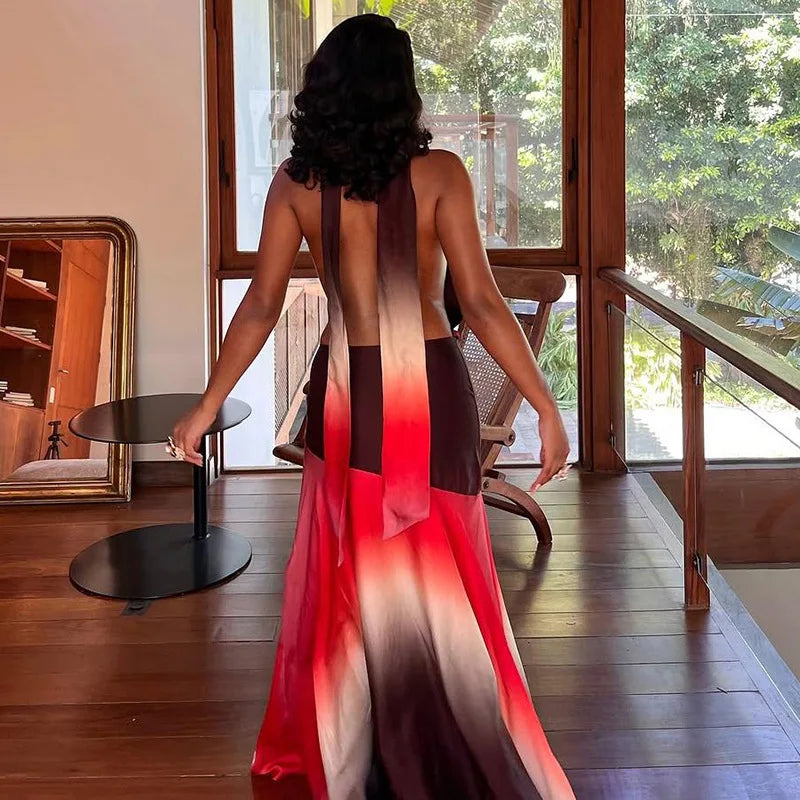 Gradient Printed Cowl Neck Backless Long Flowy Dresses for Summer 2025 Elegant Vacation Outfits Woman